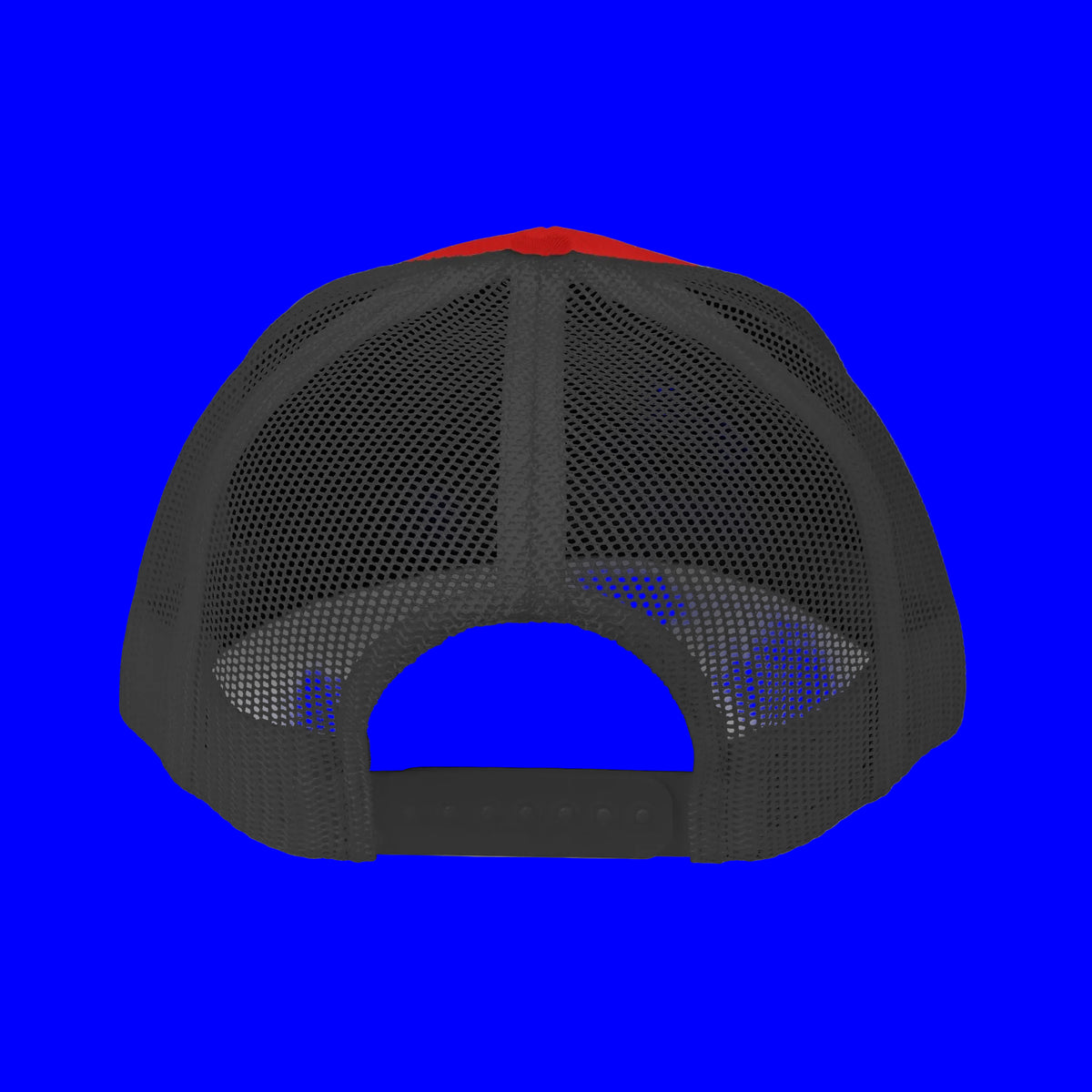 Back view of an embroidered trucker cap featuring a gray mesh design and a vibrant orange top.