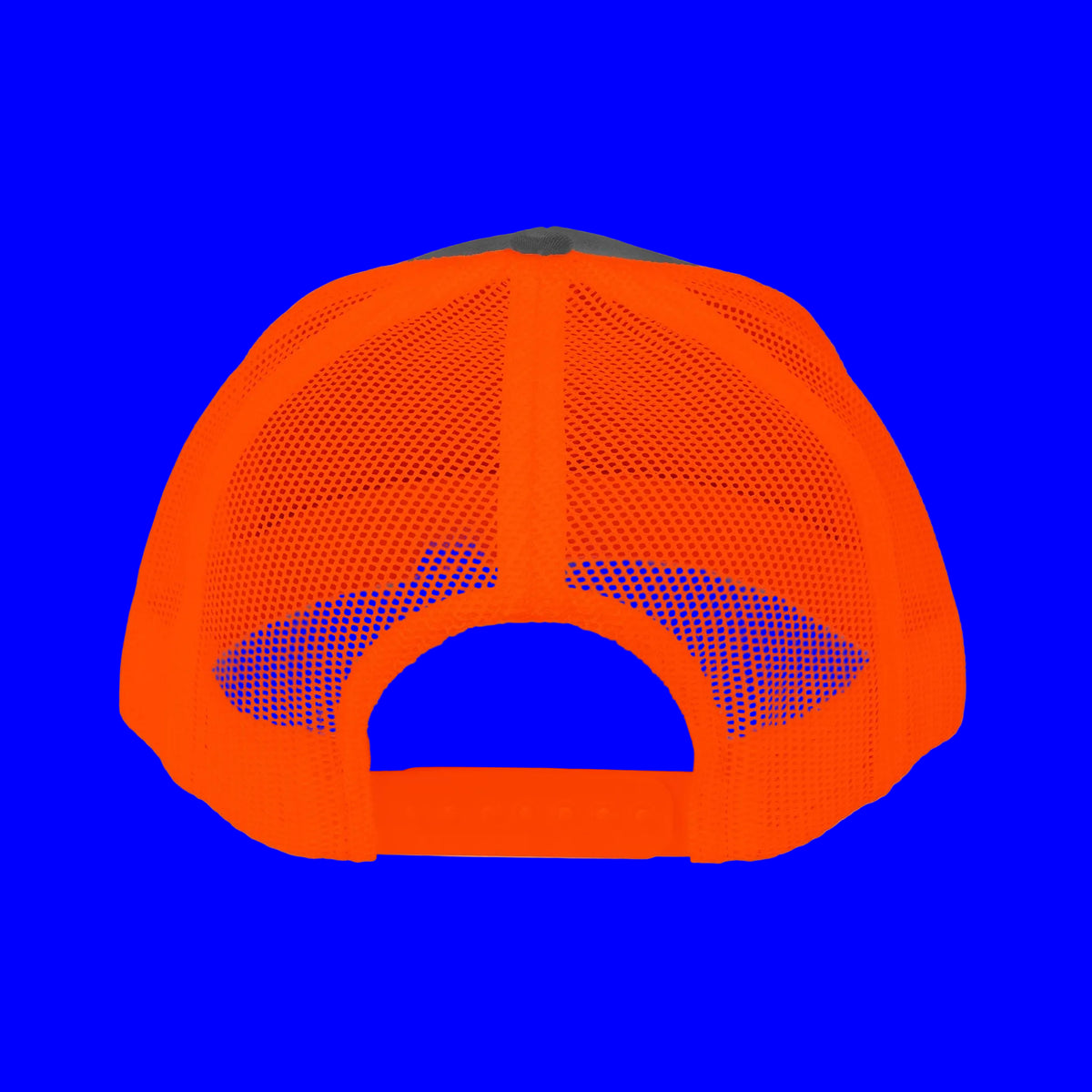 Back view of embroidered trucker cap with gray front and vibrant orange mesh sides.