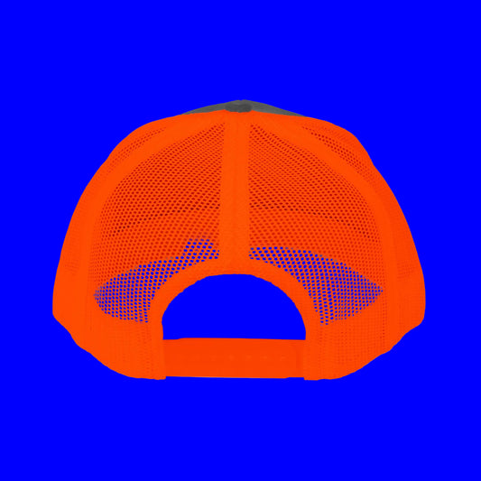 Back view of embroidered trucker cap with gray front and vibrant orange mesh sides.