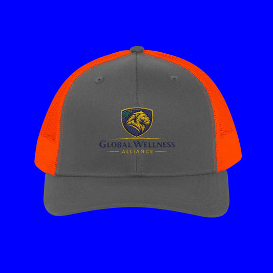 Embroidered trucker cap in gray and orange featuring Global Wellness Alliance logo, perfect for outdoor activities.