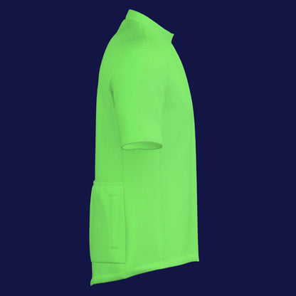All-over print men's cycling jacket in vibrant green color, showcasing side view and pocket detail.