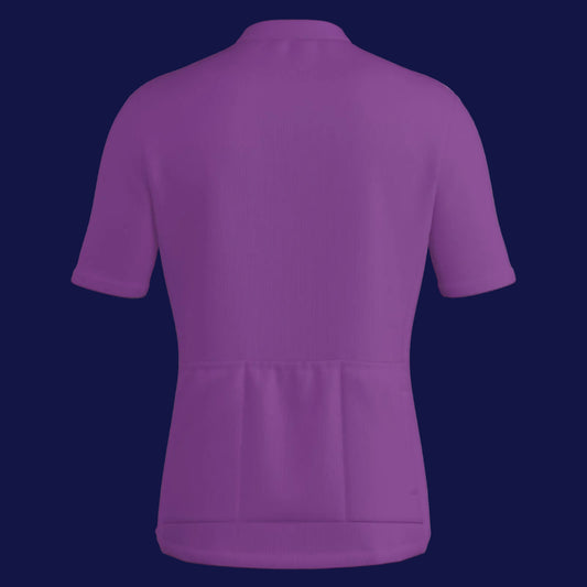 Back view of a purple men's cycling jersey zipper jacket showcasing its style and design.