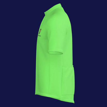all-over print men's cycling jacket shown in vibrant green side view with a pocket and modern design.