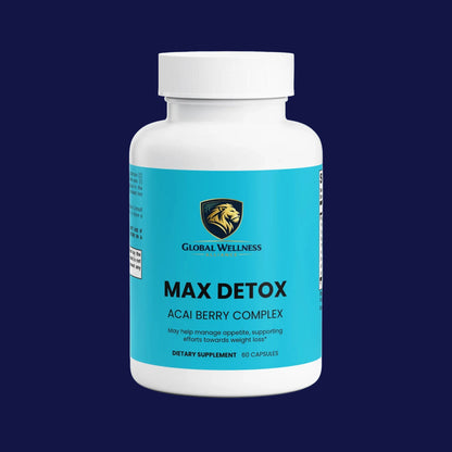 Max Detox acai detox supplement bottle for health and weight loss support with 60 capsules.