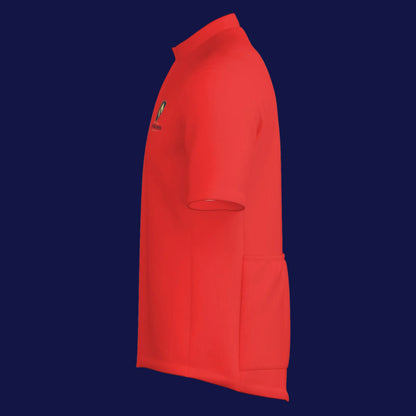 All-Over Print Men's Cycling Jersey Zipper Jacket in vibrant red with pockets, showcasing a stylish and functional design.