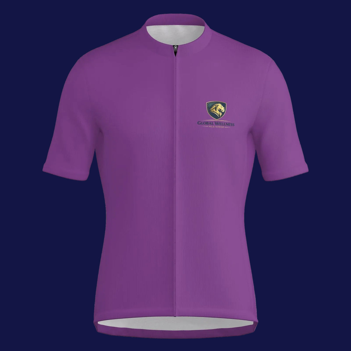men's cycling jersey zipper jacket in purple color with a logo on the front.