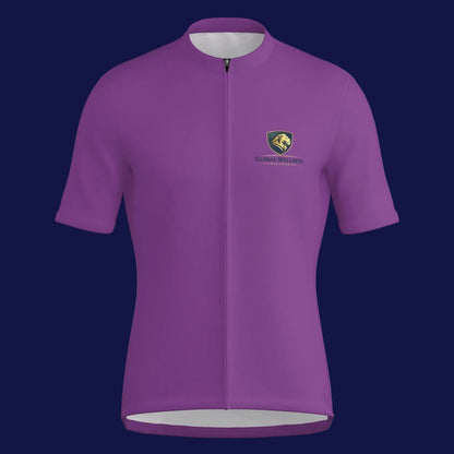 men's cycling jersey zipper jacket in purple color with a logo on the front.