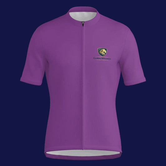 men's cycling jersey zipper jacket in purple color with a logo on the front.
