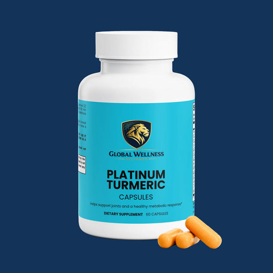premium turmeric extract blend in a blue bottle with capsules on a dark background
