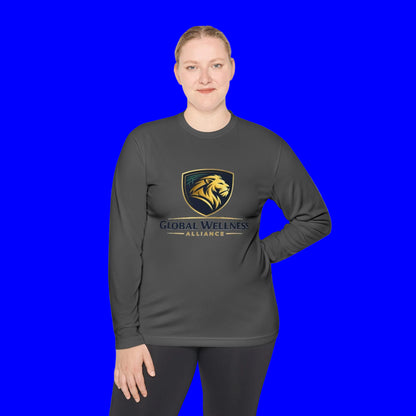 Woman wearing a moisture-wicking long sleeve tee with Global Wellness Alliance logo on a blue background.