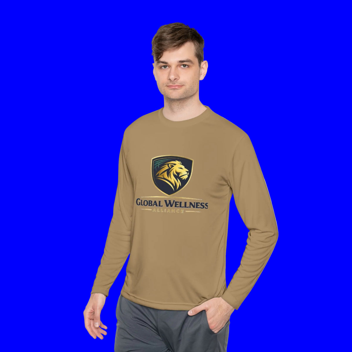 moisture-wicking long sleeve tee featuring Global Wellness logo and lion design, perfect for active wear.