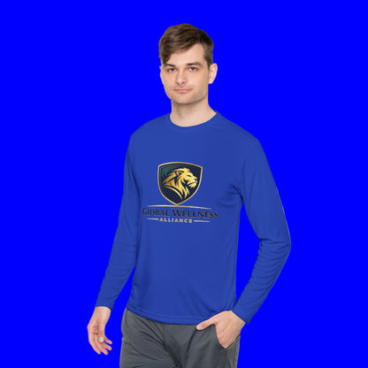 Young man wearing a moisture-wicking long sleeve tee from Global Wellness Alliance in blue.