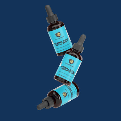 Three amber glass dropper bottles of 'Normal Blood Sugar Drops' by Central Health Labs, arranged diagonally on a clean white background.