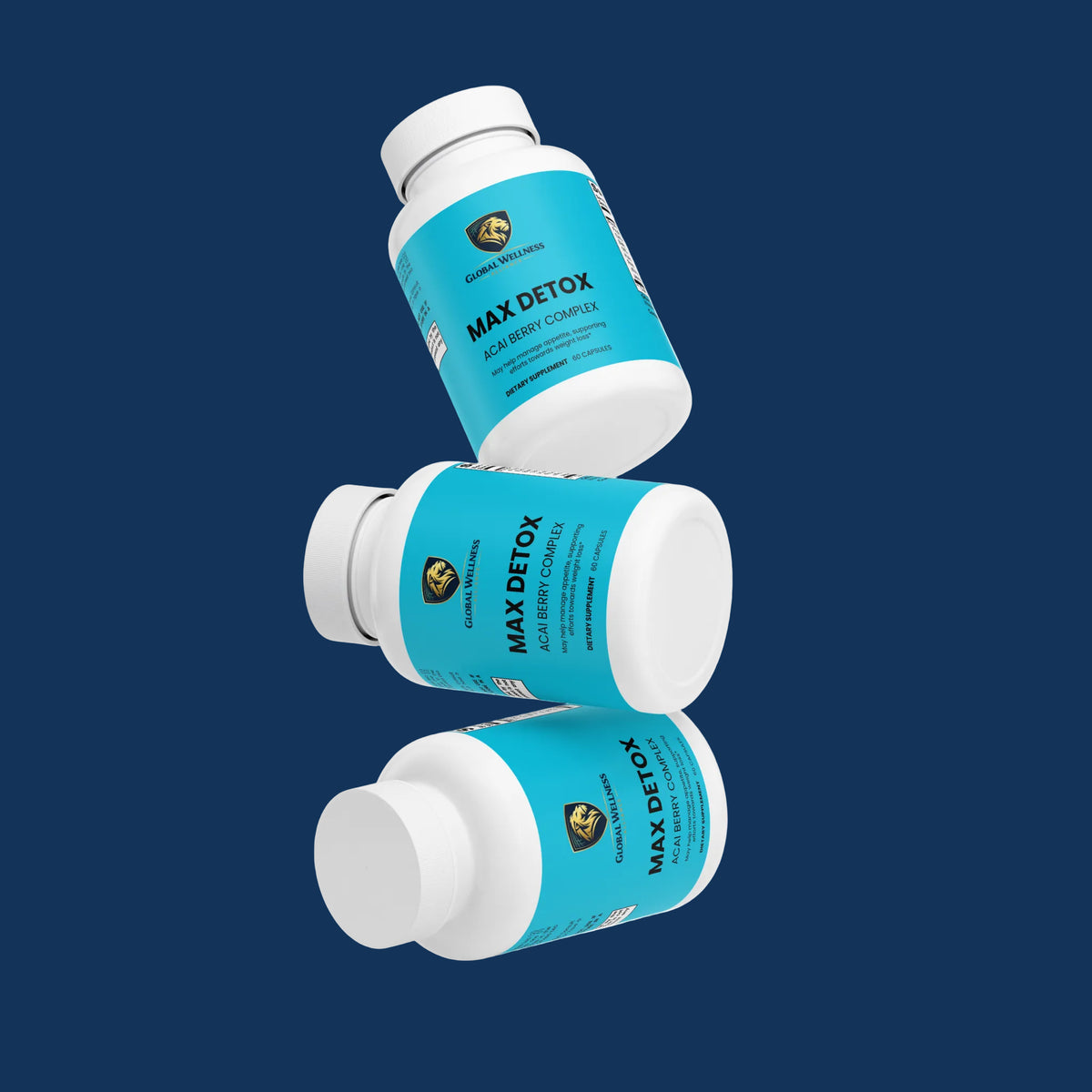 Max Detox acai detox supplement bottles on a blue background, promoting health and wellness.