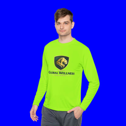 Moisture-wicking long sleeve tee in vibrant green worn by a male model with Global Wellness branding.