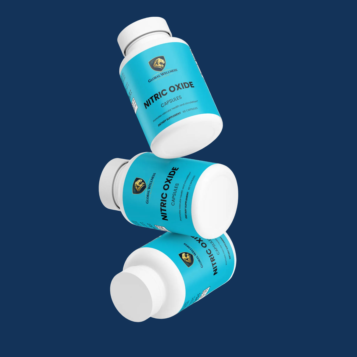 Nitric oxide supplement for circulation capsules in blue packaging on a dark background.