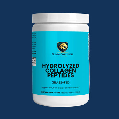 Grass-fed collagen peptides in a blue container, promoting skin, hair, muscle, and bone health.