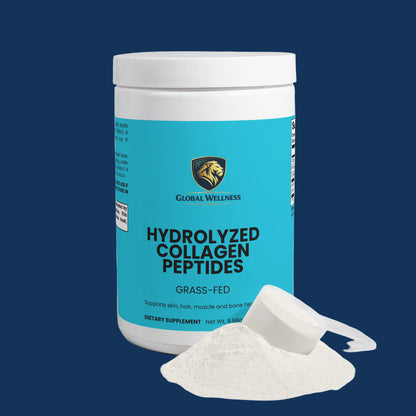 Grass-fed collagen peptides in a jar with a scoop, supporting skin, hair, muscle and bone health.