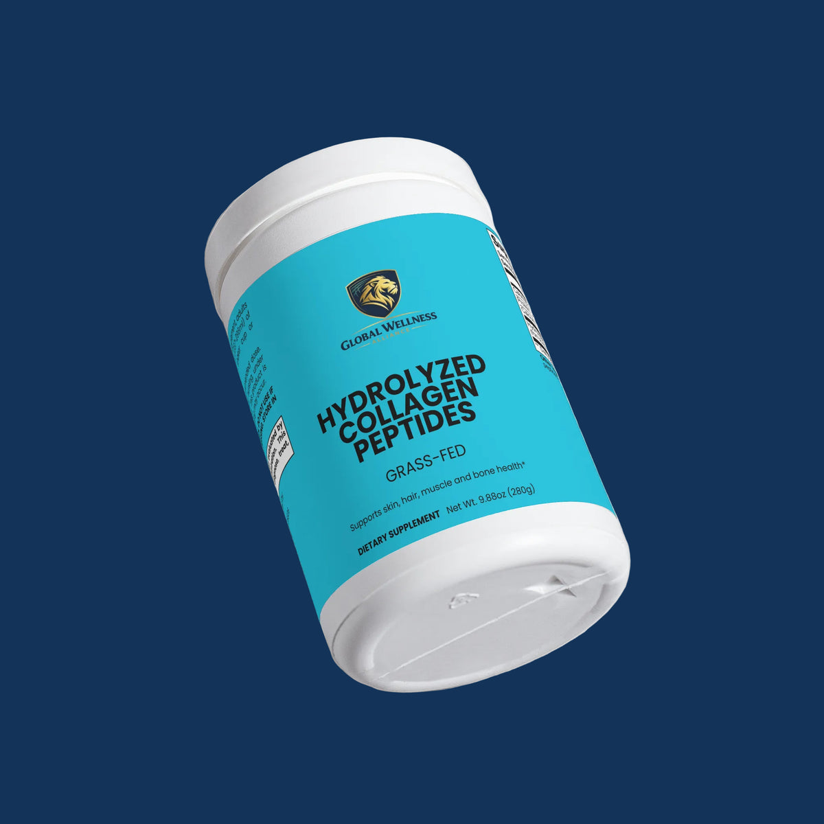 Hydrolyzed collagen peptides container labeled grass-fed collagen peptides for skin, hair, and nail health.