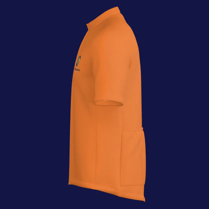 Side view of an all-over print men's cycling jacket in vibrant orange, showcasing comfort and durability.