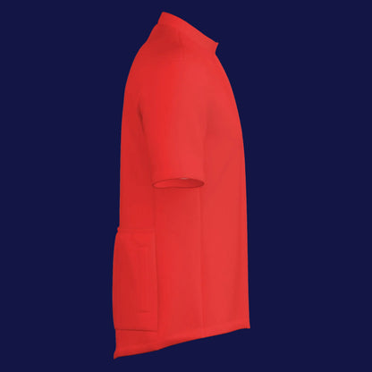 All-Over Print Men's Cycling Jersey Zipper Jacket in bright red, showcasing a side view with pocket for cyclists.