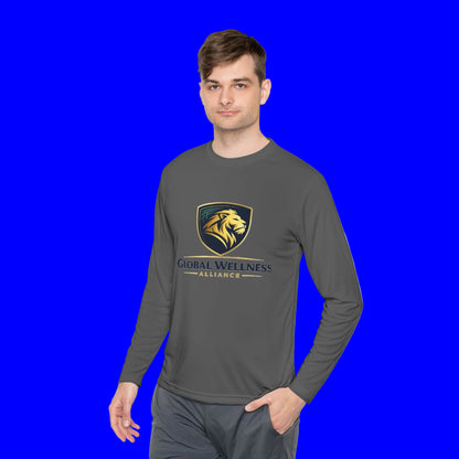 Man wearing a moisture-wicking long sleeve tee with Global Wellness Alliance logo on a blue background.