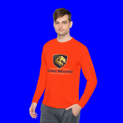 Moisture-wicking long sleeve tee in bright orange featuring Global Wellness Alliance logo.