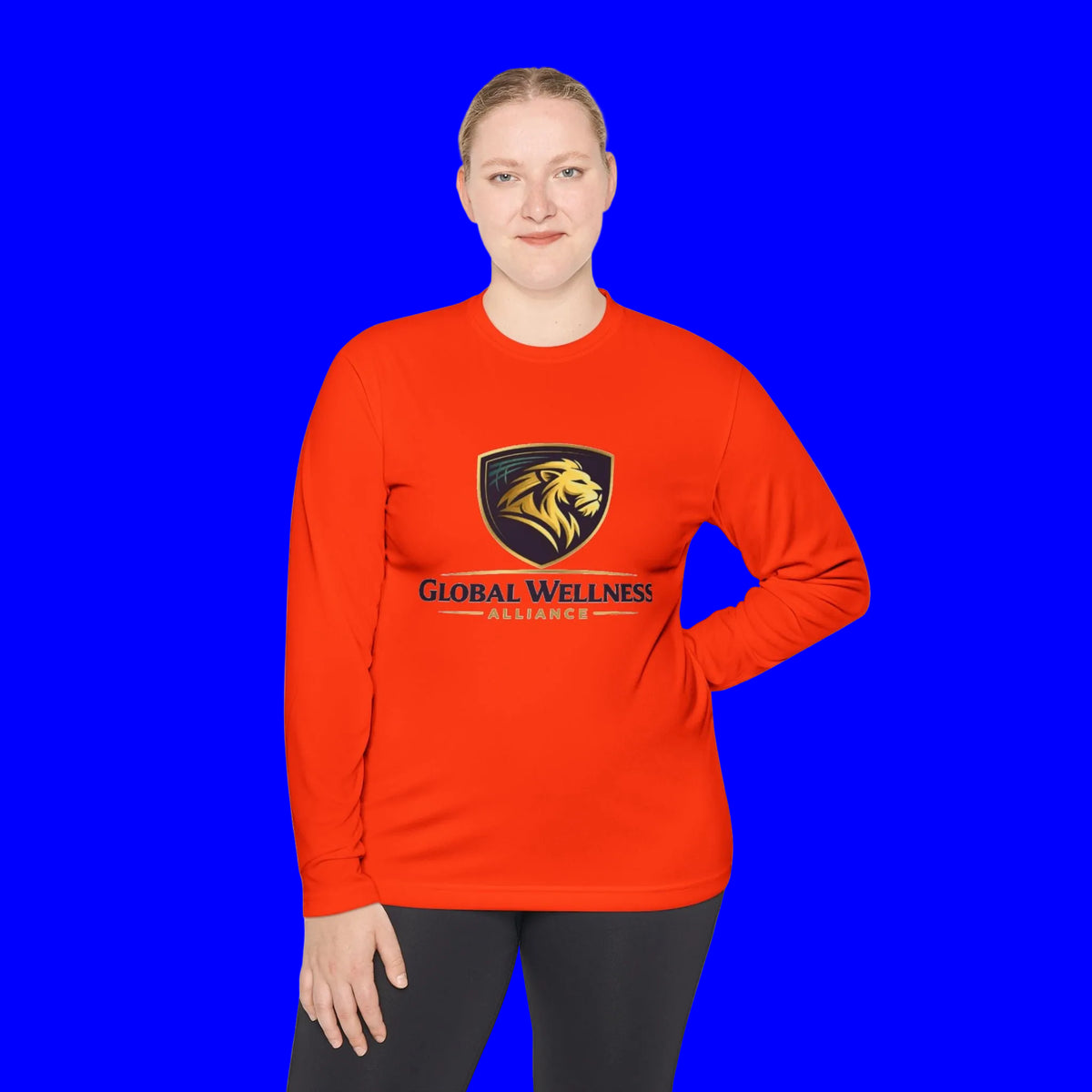 Moisture-wicking long sleeve tee in red with Global Wellness Alliance logo, perfect for workouts and casual wear.