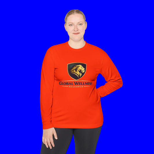 Moisture-wicking long sleeve tee in red with Global Wellness Alliance logo, perfect for workouts and casual wear.