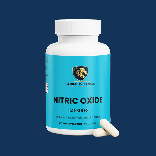 Nitric oxide supplement for circulation in a blue bottle with white capsules beside it.
