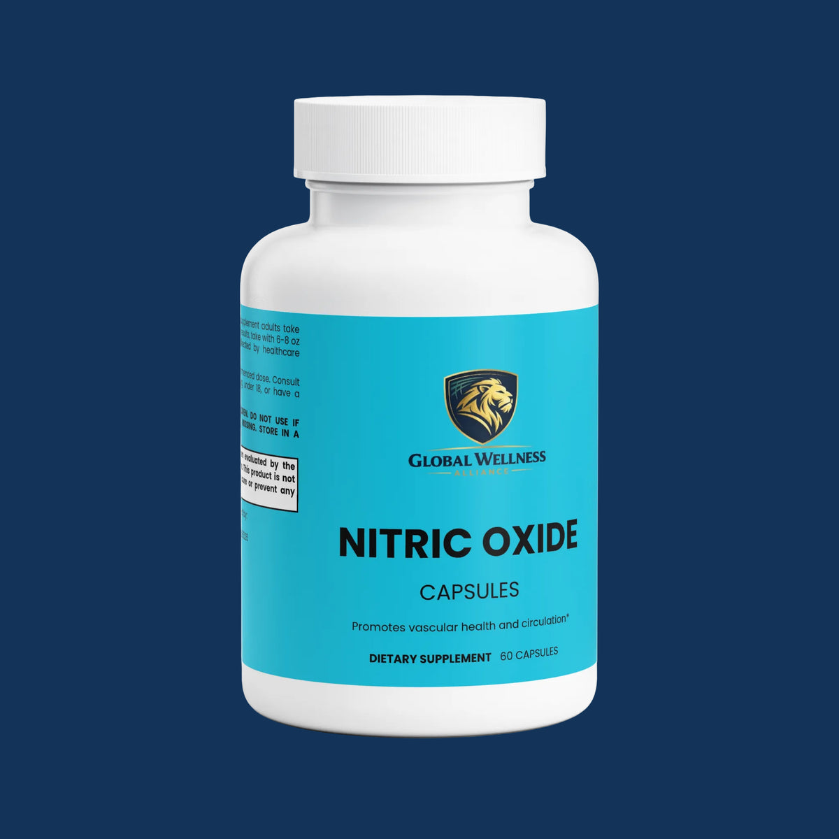 Nitric oxide supplement for circulation bottle featuring Global Wellness branding and labeling.