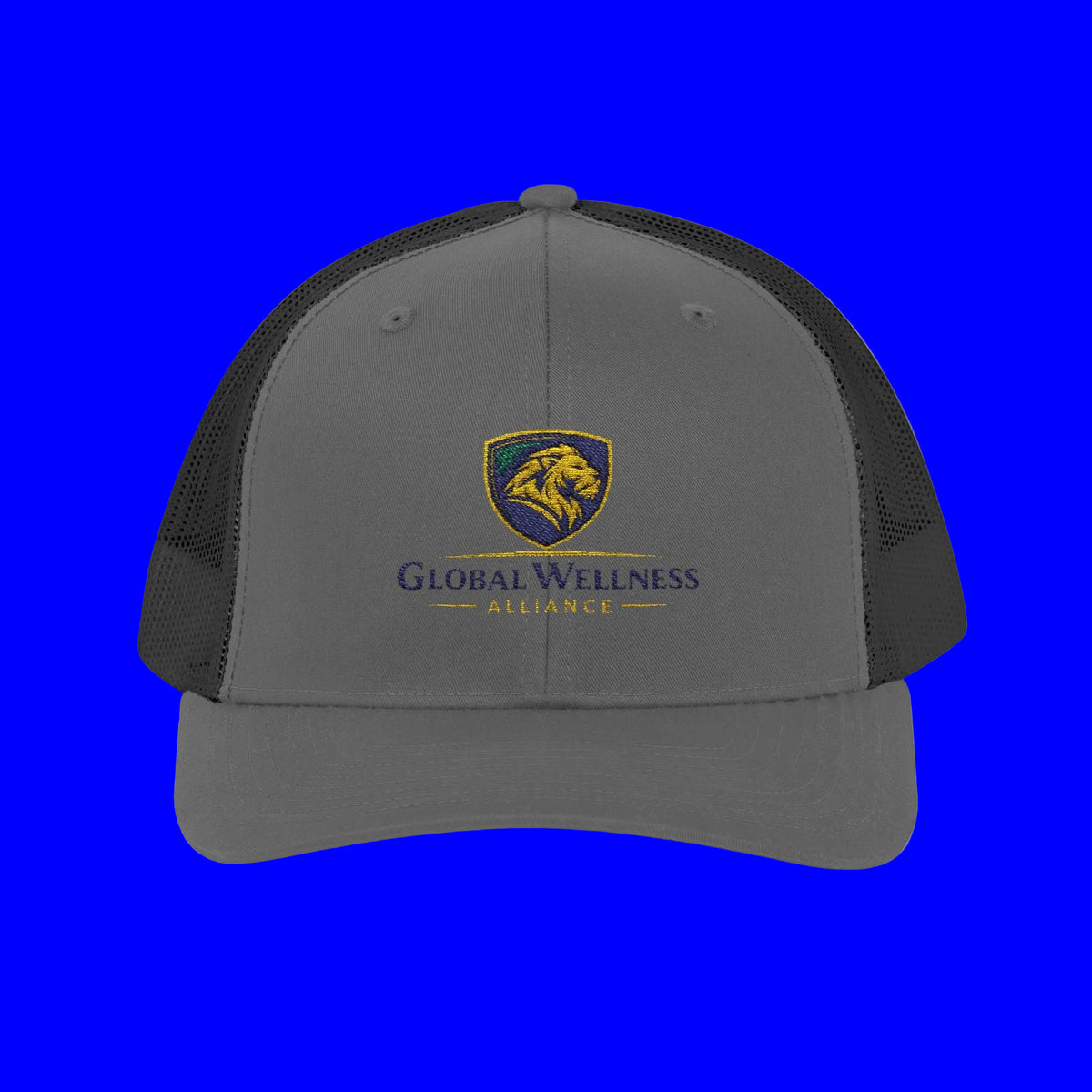 Embroidered trucker cap in gray with Global Wellness Alliance logo on the front and mesh sides for breathability.