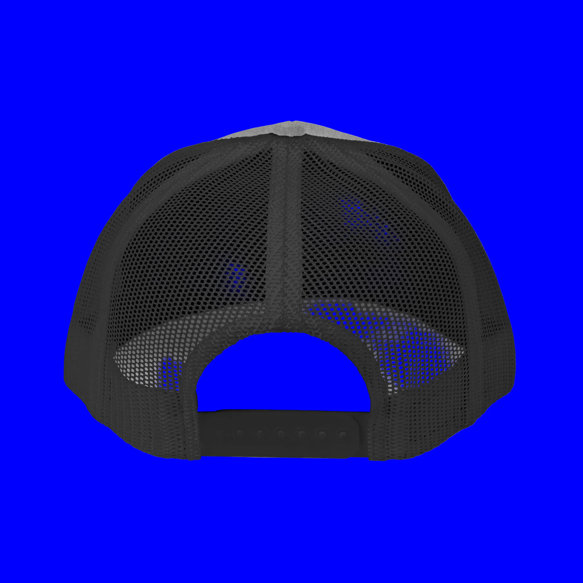 Back view of an embroidered trucker cap showcasing its mesh design and adjustable strap.