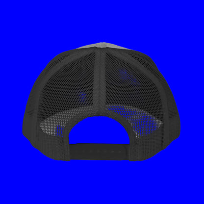 Back view of an embroidered trucker cap showcasing its mesh design and adjustable strap.