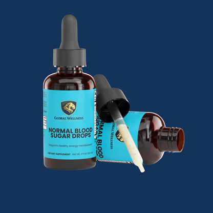 A bottle of Global Wellness Normal Blood Sugar Drops with a black dropper and a second bottle lying on its side, both showing a bright blue label, on a clean white background.
