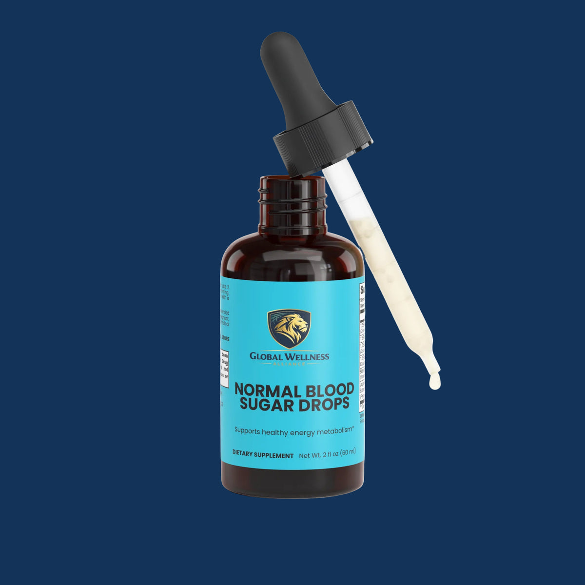 An amber glass dropper bottle of Global Wellness Labs Normal Blood Sugar Drops with a bright blue label and a black dropper cap, set against a clean white background.