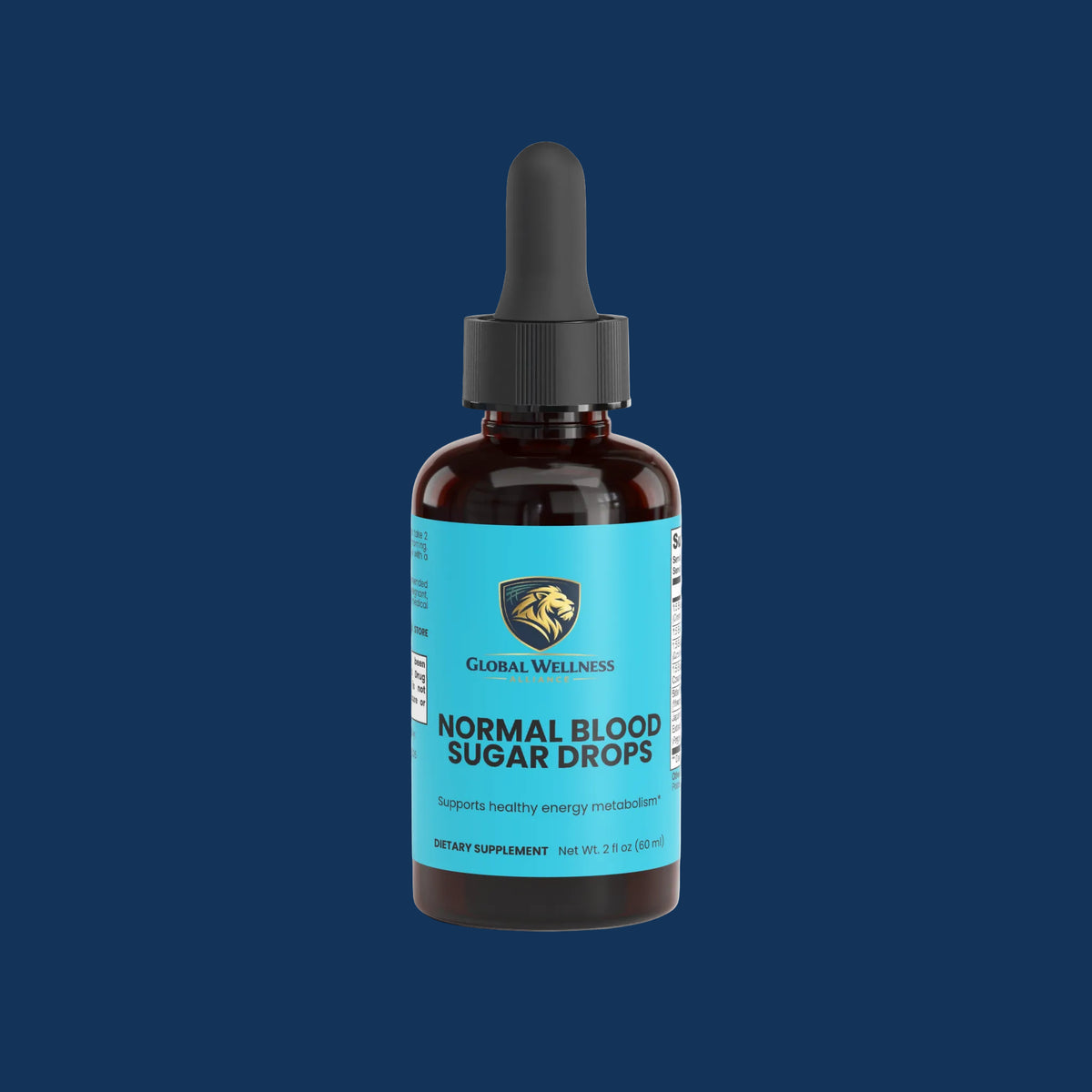 A 2 fl oz amber glass dropper bottle of Global Wellness Labs Normal Blood Sugar Drops, featuring a bright blue label with a black dropper cap, set against a clean white background.
